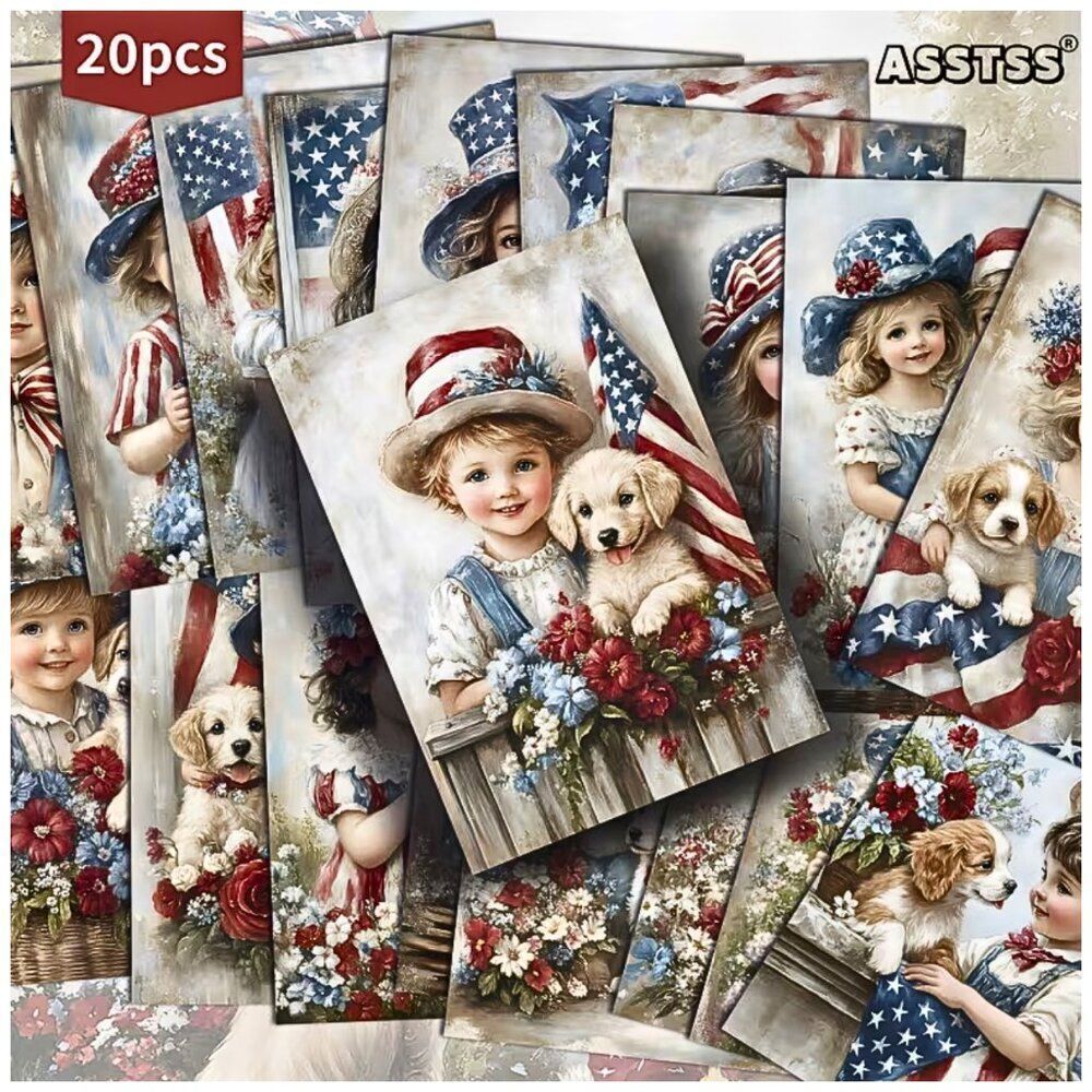 NWT 20pc Vintage Patriotic Scrapbook Paper 4th of July Junk Journal Art Crafts